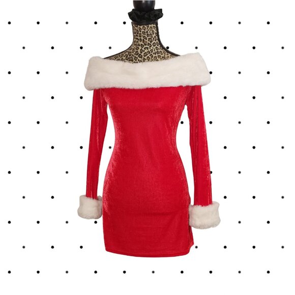 Sexy santa stretchy off shoulder faux fur dress - Picture 4 of 4